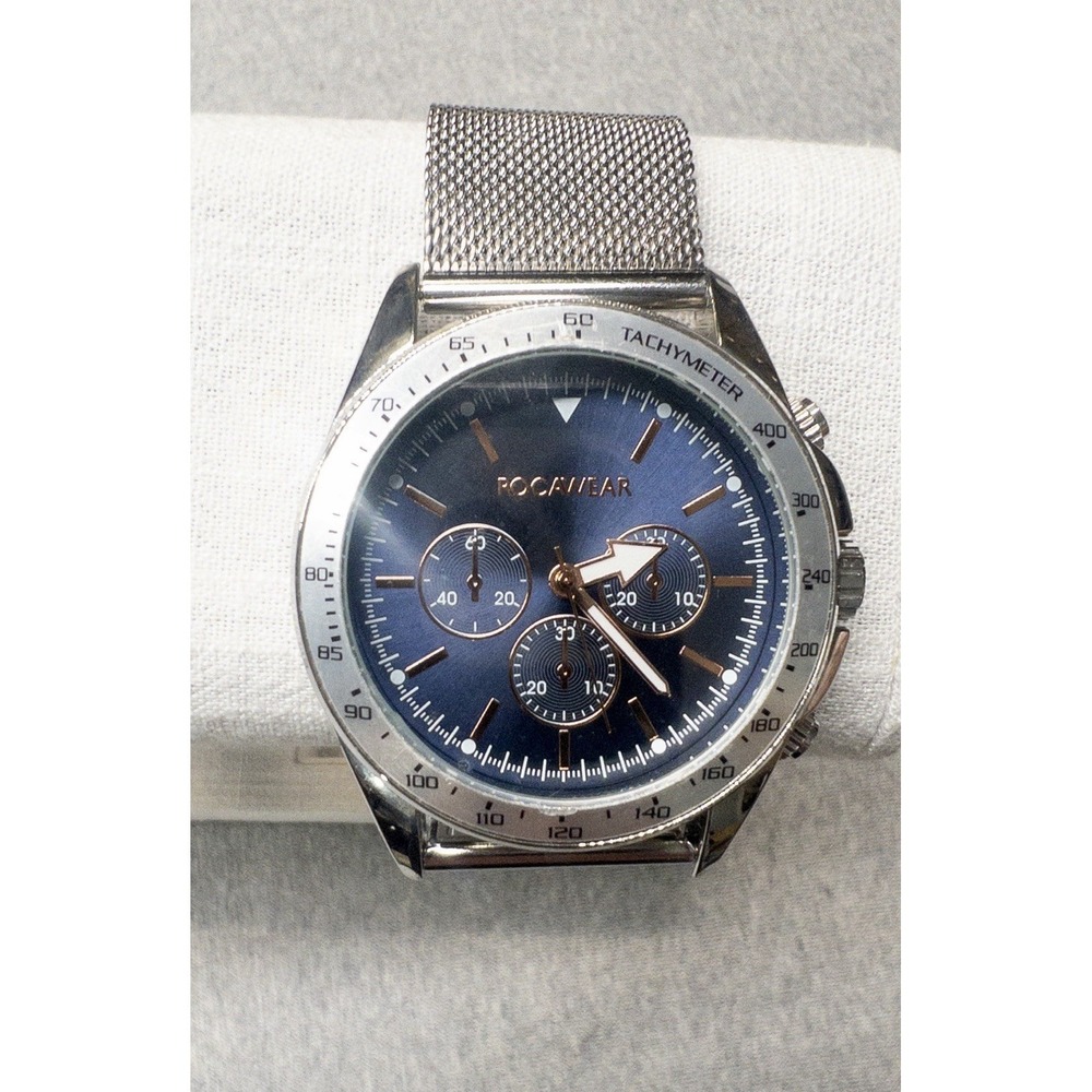 Rocawear‎ Chronograph Watch Mens RM0106 Blue Dial Silver Band New Battery